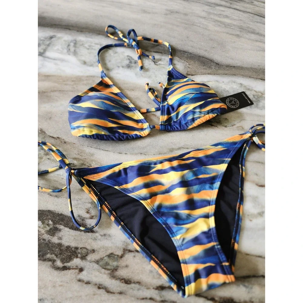 NWT RELLECIGA Womens Blue Orange Abstract Color Block Triangle Bikini Set Size M